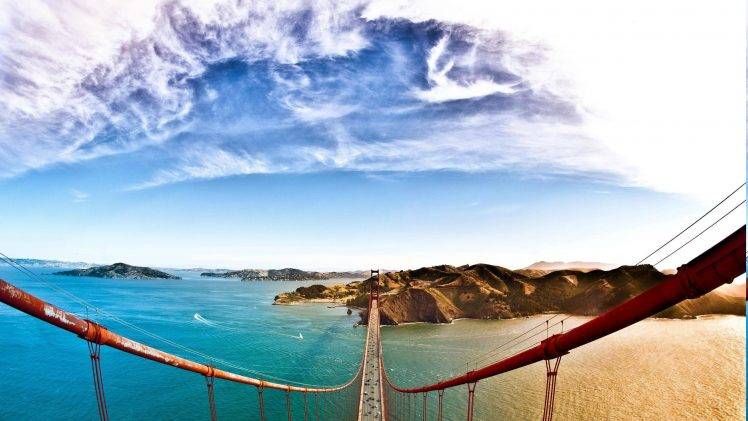 nature, Landscape, Water, Bridge, Hill, Trees, Architecture, Car, Clouds, Golden Gate Bridge, San Francisco Bay, USA, Bird’s Eye View, Top View HD Wallpaper Desktop Background