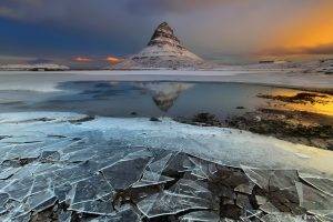 nature, Landscape, Mountain, Iceland, Snow, Winter, Ice, Water, Sunset, Clouds, Reflection, Kirkjufell