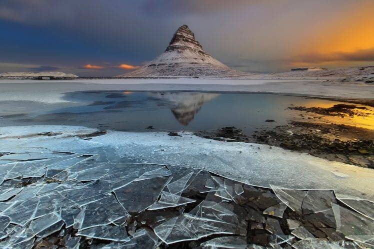 nature, Landscape, Mountain, Iceland, Snow, Winter, Ice, Water, Sunset, Clouds, Reflection, Kirkjufell HD Wallpaper Desktop Background