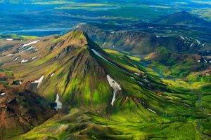 nature, Landscape, Mountain, Iceland, Snow, Bird's Eye View, Top View, Hill, River