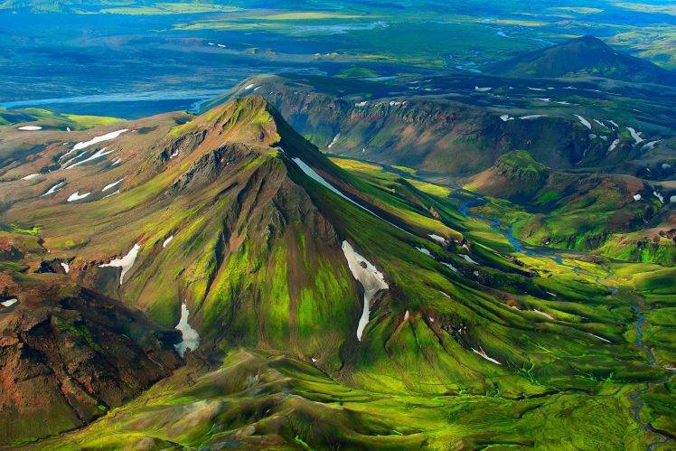nature, Landscape, Mountain, Iceland, Snow, Bird’s Eye View, Top View, Hill, River HD Wallpaper Desktop Background