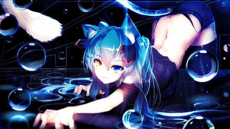 Vocaloid, Hatsune Miku, Animal Ears, Bubbles, Anime Girls, Heterochromia, Nekomimi, Anime, Manga, Blue, Ecchi HD Wallpaper Desktop Background