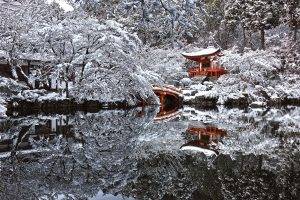 Japan, Winter, Pagoda, Snow, Water, Pond, Reflection, Trees, Asian Architecture, Architecture, Nature, Landscape, Bridge