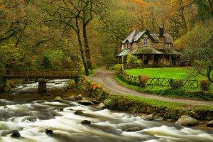 nature, Landscape, River, Trees, Forest, Long Exposure, Bridge, House, Road