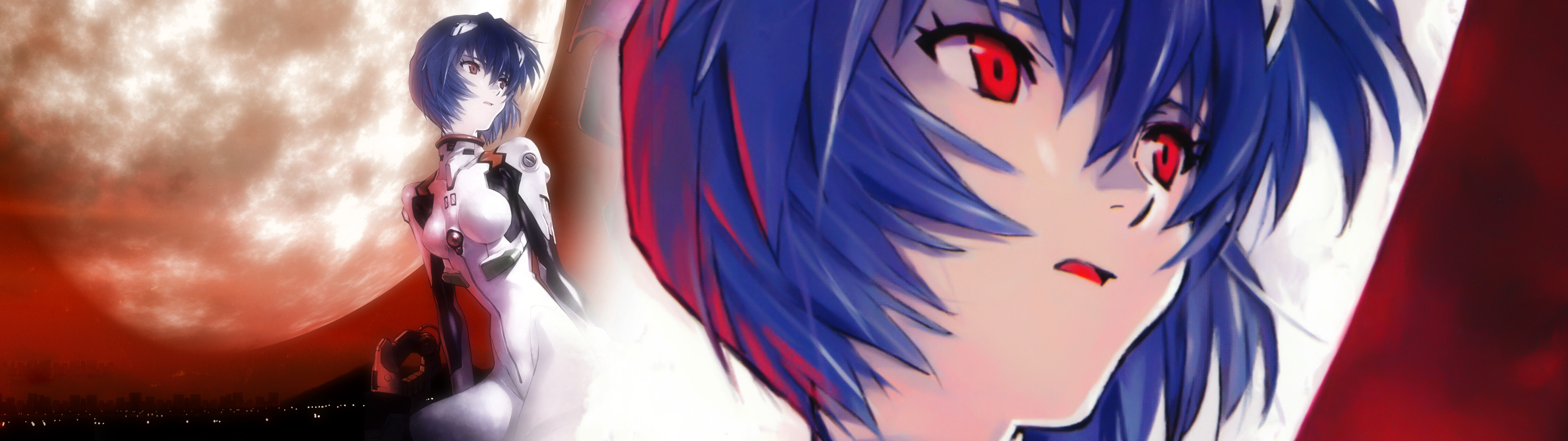 Ayanami Rei, Neon Genesis Evangelion, Moon, Face, Anime Girls, Sitting, Red Eyes, Blue Hair, Plugsuit Wallpaper