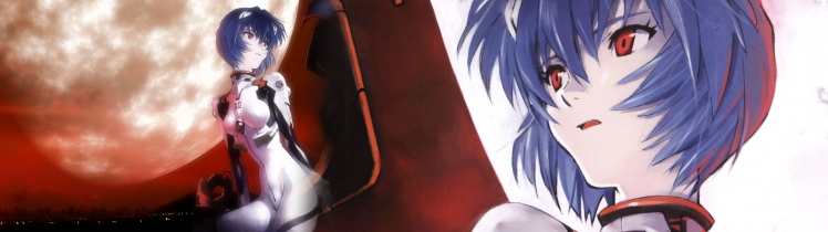 Ayanami Rei, Neon Genesis Evangelion, Moon, Face, Anime Girls, Sitting, Red Eyes, Blue Hair, Plugsuit HD Wallpaper Desktop Background