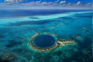 nature, Landscape, Sea, Great Blue Hole, Belize, Coral, Bird’s Eye View, Horizon, Clouds, Island, Boat, Deep Sea