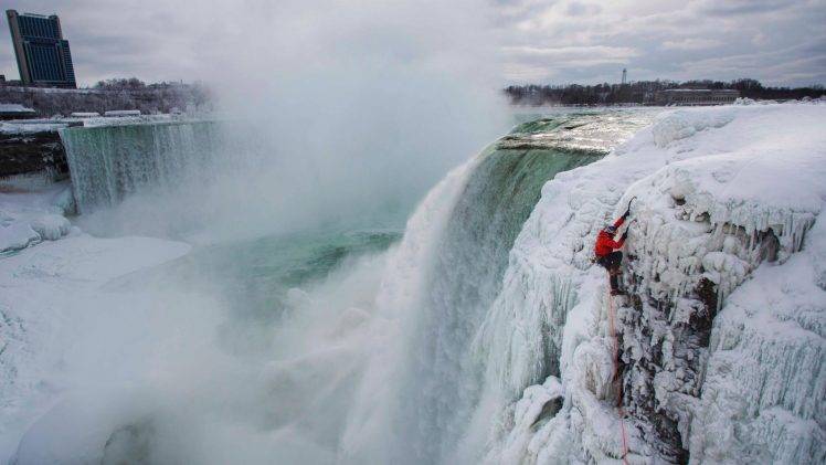 winter, Snow, Nature, Landscape, Niagara Falls, Ice, Climbing, Men, Building, 2015, Rock, Water, Waterfall HD Wallpaper Desktop Background