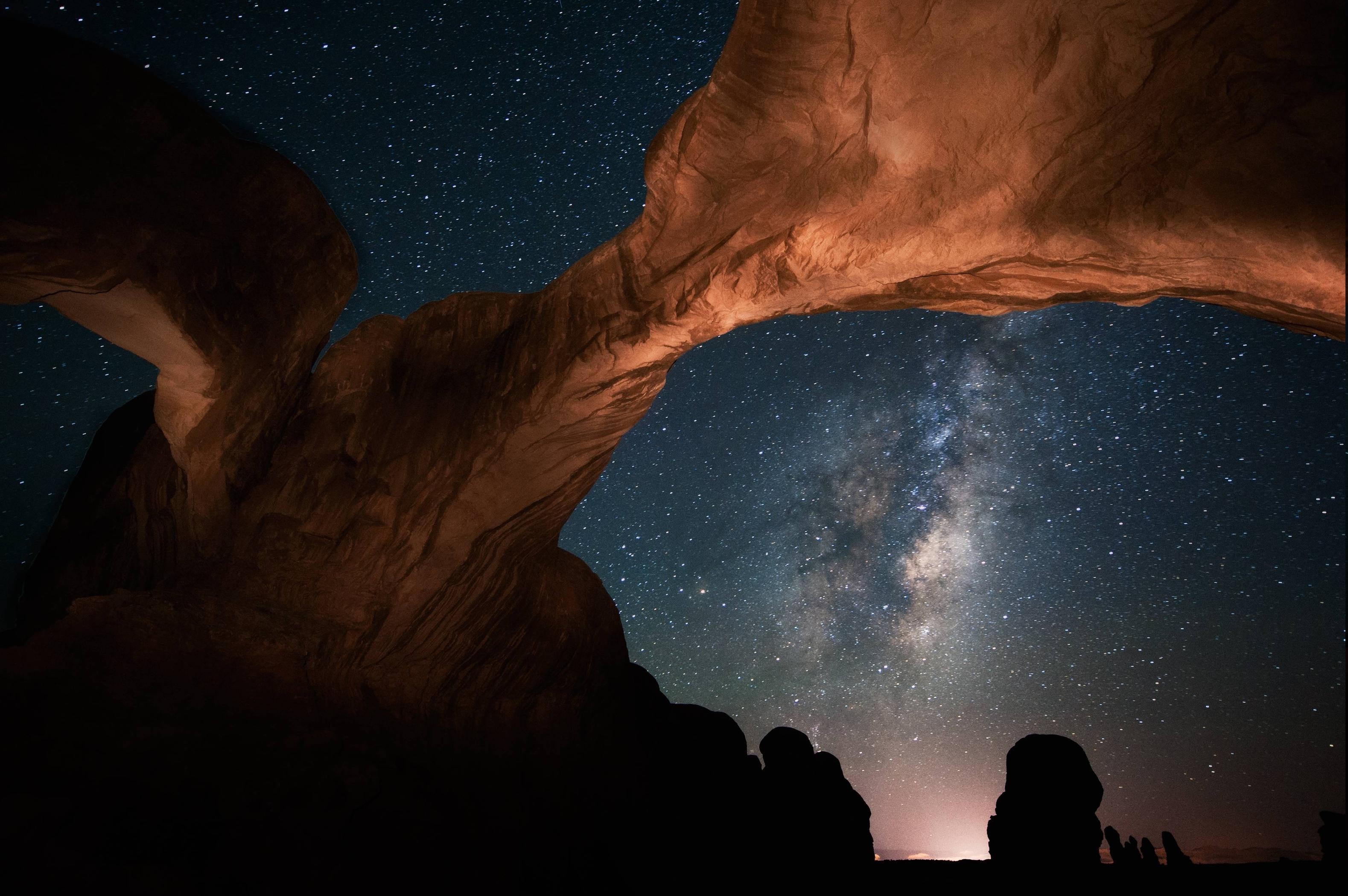space, Nebula, Arch, Night, Milky Way, Rock Formation, Nature, Landscape, Silhouette Wallpaper
