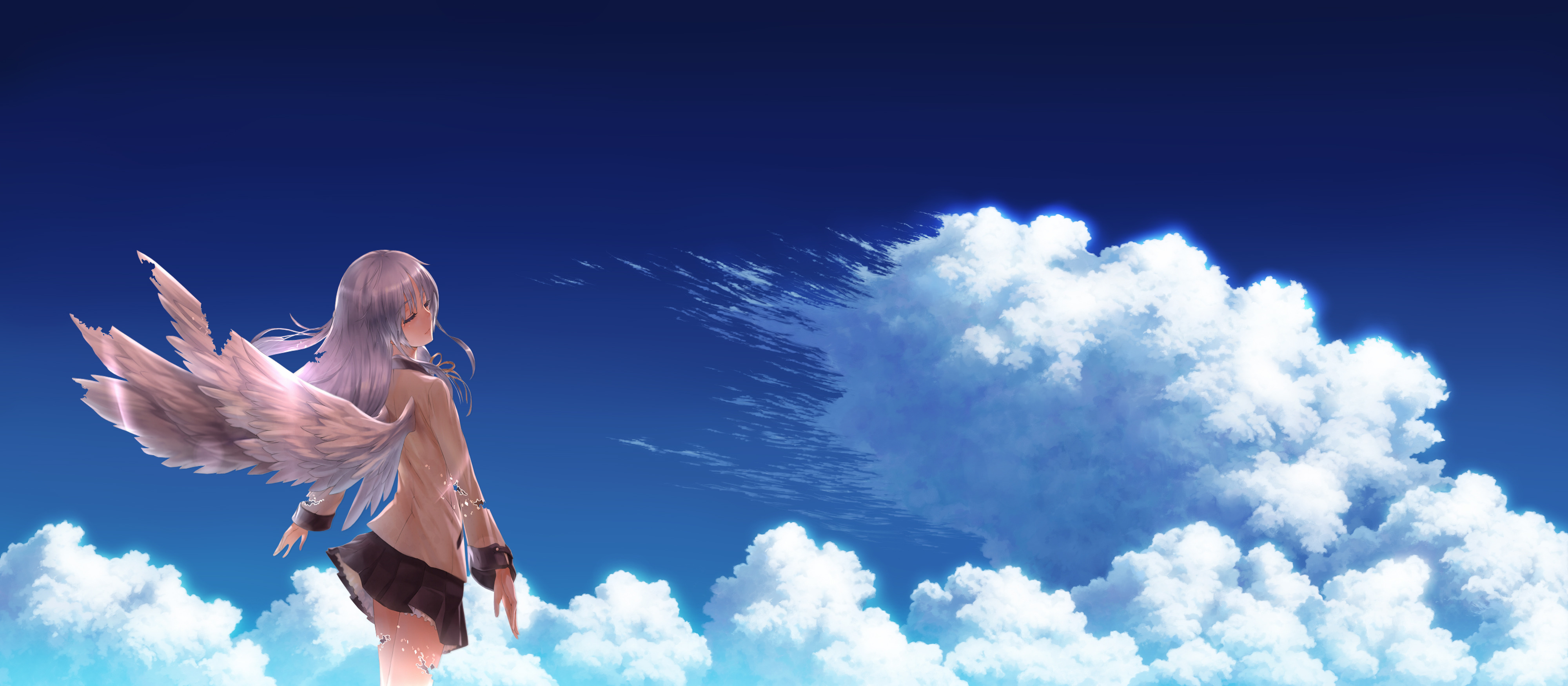 angel, Angel Beats!, Anime, Anime Girls, School Uniform, Schoolgirls, Sky, Clouds, Wings, Tachibana Kanade Wallpaper