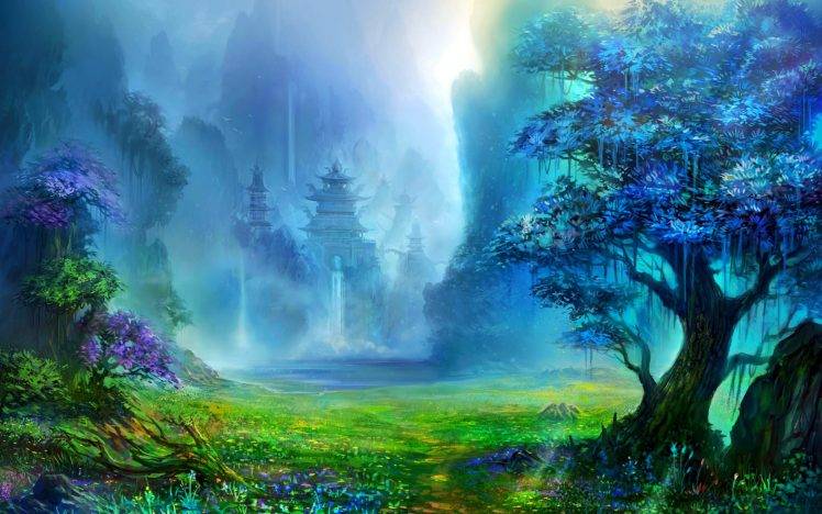 fantasy Art, Pagoda, Asian Architecture, Trees, Waterfall, Artwork, Mountain, Digital Art, Nature, Landscape, Water HD Wallpaper Desktop Background
