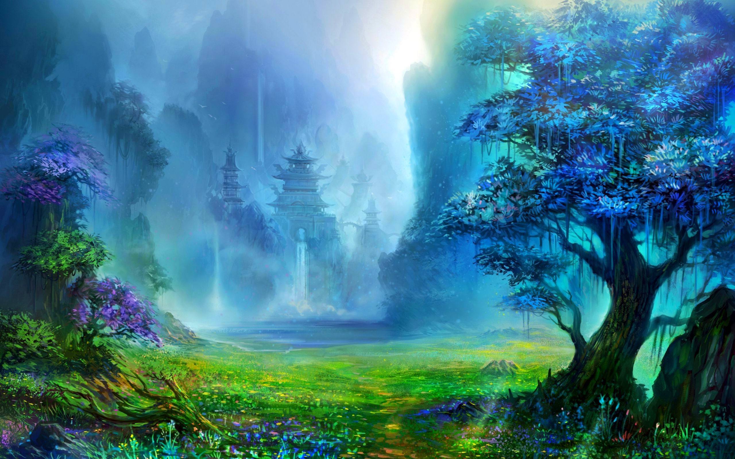 fantasy Art, Pagoda, Asian Architecture, Trees, Waterfall, Artwork, Mountain, Digital Art, Nature, Landscape, Water Wallpaper