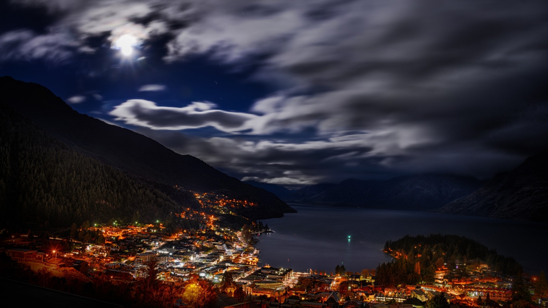 city, Cityscape, Night, Lights, New Zealand, Landscape, Bay, Building, Trees, Forest, Hill, Clouds, Long Exposure, Moonlight Wallpaper