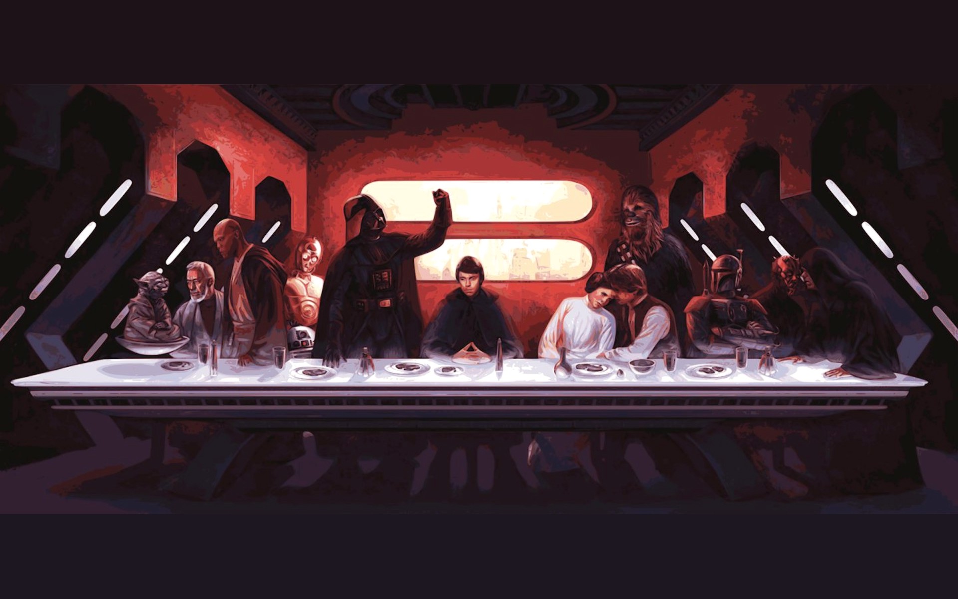 Star Wars, The Last Supper, Darth Vader, Yoda, Darth Maul, Boba Fett, Chewbacca, Han Solo, Mix Up Wallpaper