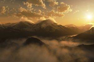 landscape, Mountain, Clouds, Nature, Sunlight, Mist, Digital Art, Artwork