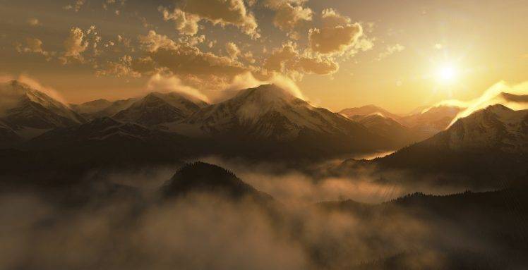 landscape, Mountain, Clouds, Nature, Sunlight, Mist, Digital Art, Artwork HD Wallpaper Desktop Background