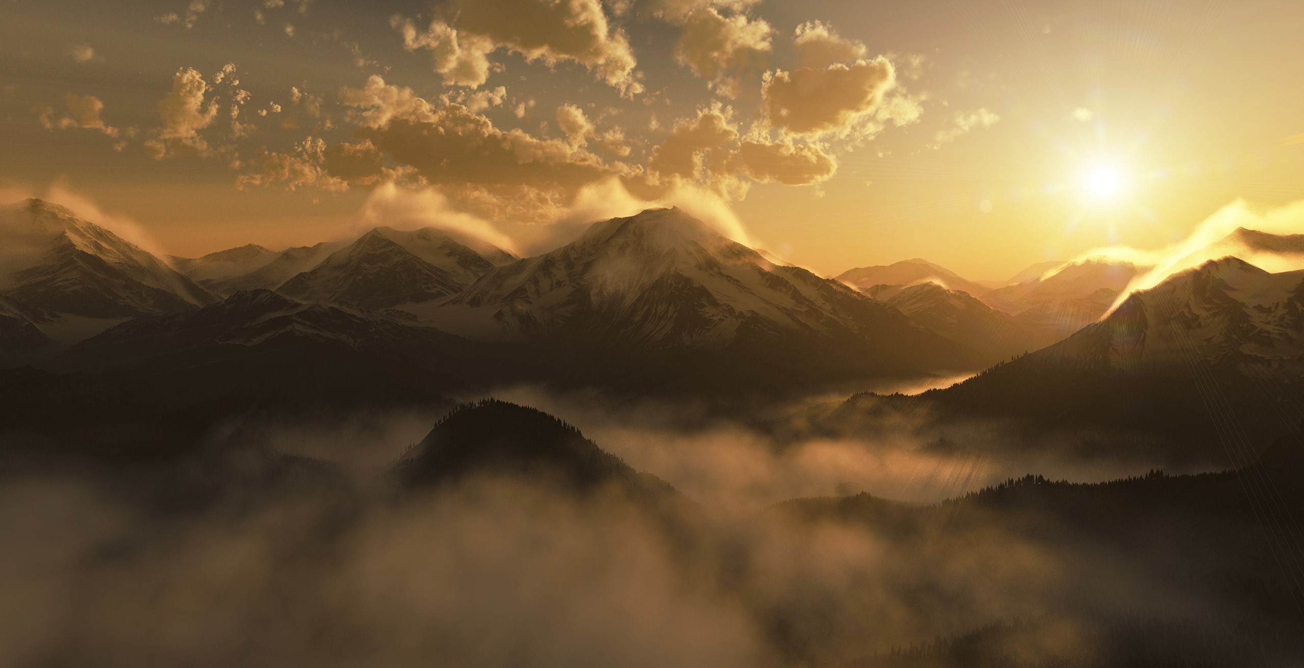 landscape, Mountain, Clouds, Nature, Sunlight, Mist, Digital Art, Artwork Wallpaper