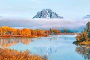 nature, Landscape, Water, Lake, Reflection, Mountain, Trees, Clouds, Snow, Mist, Fall