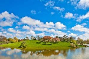 nature, Landscape, Water, Lake, Reflection, Trees, Clouds, Hill, Island, Grass, Garden, Park