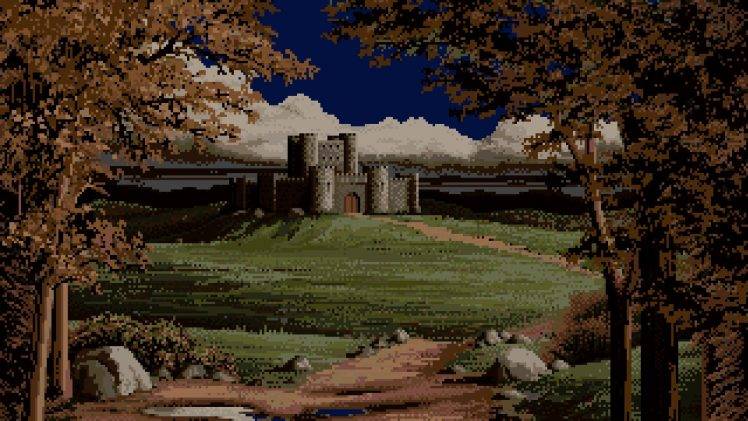 landscape, Castle, Clouds, Hill, Trees, Pixels, Pixel Art HD Wallpaper Desktop Background
