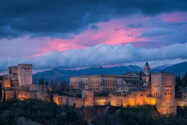 landscape, Castle, Clouds, Hill, Trees, Spain, Sunset, Mountain, Old Building, Lights HD Wallpaper Desktop Background