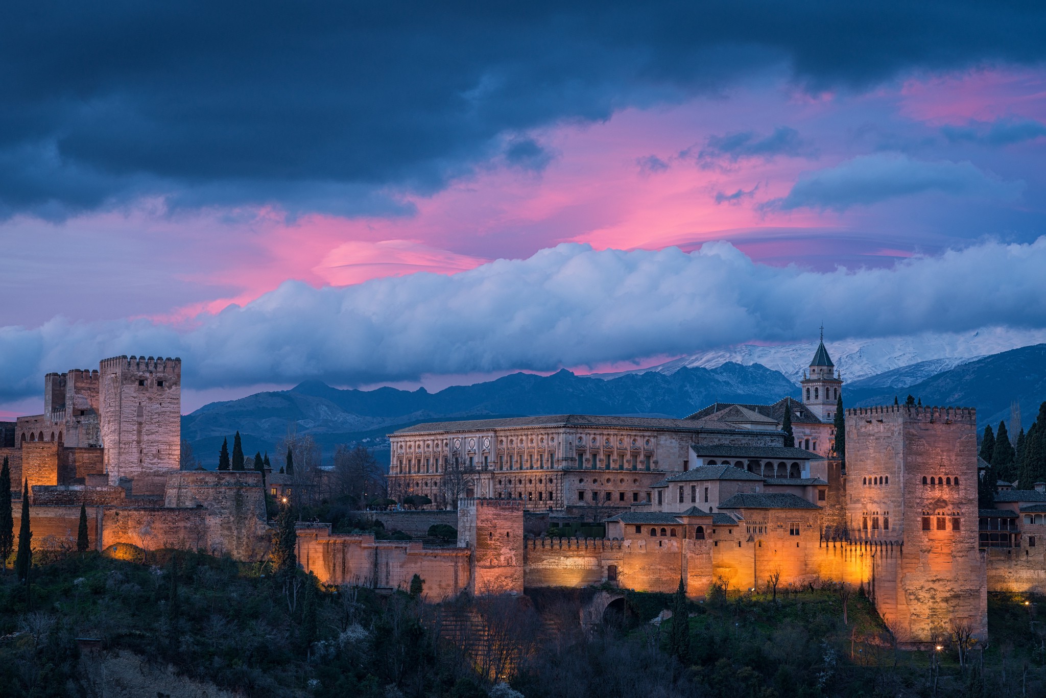 landscape, Castle, Clouds, Hill, Trees, Spain, Sunset, Mountain, Old Building, Lights Wallpaper