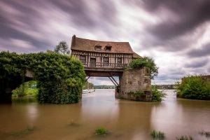 architecture, Nature, Landscape, Ruin, Bridge, Plants, House, France, Water, Clouds, Long Exposure