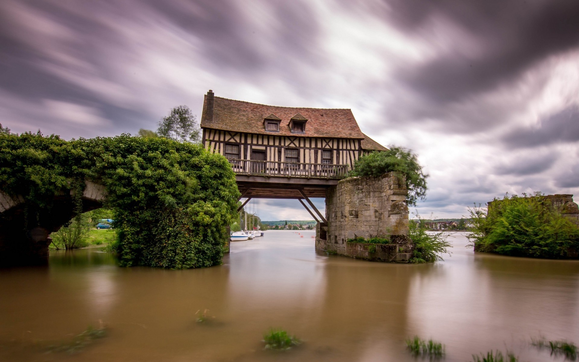 architecture, Nature, Landscape, Ruin, Bridge, Plants, House, France, Water, Clouds, Long Exposure Wallpaper