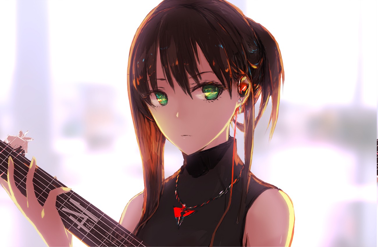 THE IDOLM@STER: Cinderella Girls, Shibuya Rin, Long Hair, Green Eyes, Jewelry, Anime Girls, Anime, Guitar Wallpaper