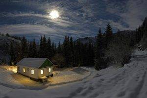nature, Landscape, Night, Moon, Moonlight, Mountain, Winter, Snow, Trees, Forest, House, Lights, Clouds, Rock