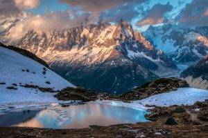nature, Landscape, Mountain, Chamonix, France, Pond, Snow, Clouds