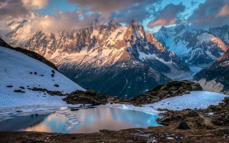 nature, Landscape, Mountain, Chamonix, France, Pond, Snow, Clouds HD Wallpaper Desktop Background