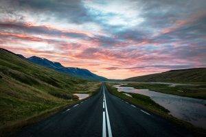 nature, Landscape, Iceland, Road, Sunset, Hill