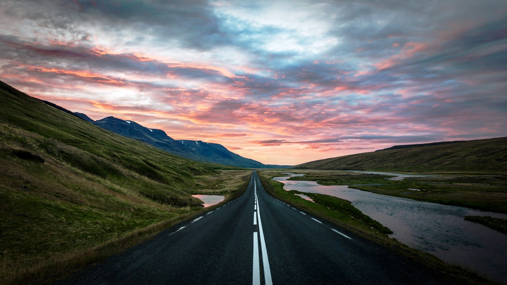 nature, Landscape, Iceland, Road, Sunset, Hill Wallpaper