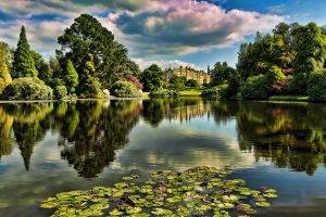 nature, Landscape, Trees, Forest, Castle, Lake, Reflection, Clouds, Grass