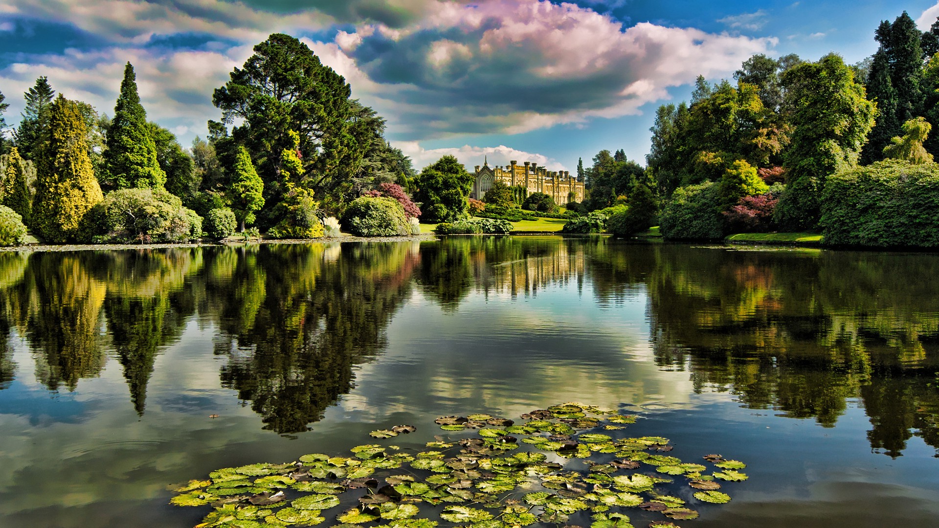 nature, Landscape, Trees, Forest, Castle, Lake, Reflection, Clouds, Grass Wallpaper