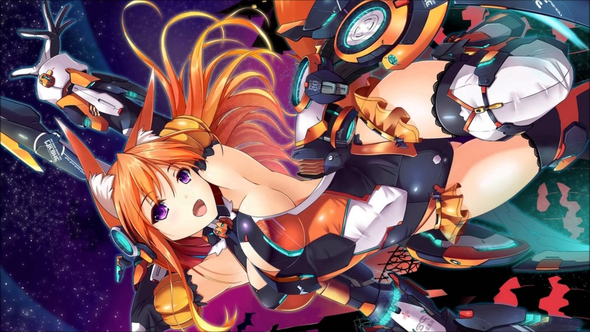 anime Girls, Mecha Girls, Fox Girl, Purple Eyes, Orange Hair, Animal Ears W...