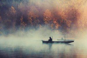 nature, Landscape, Trees, Water, Lake, Boat, Mist, Morning, Fisherman, Fall, Forest, Men, Fishing