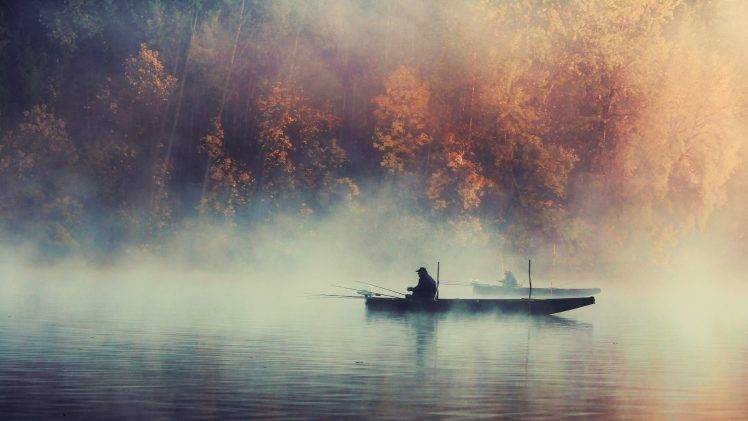 nature, Landscape, Trees, Water, Lake, Boat, Mist, Morning, Fisherman, Fall, Forest, Men, Fishing HD Wallpaper Desktop Background