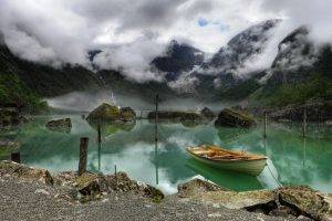 nature, Landscape, Lake, Boat, Mountain, Clouds