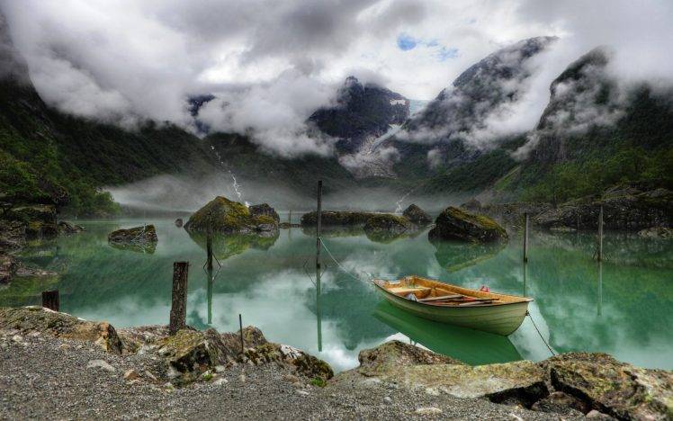 nature, Landscape, Lake, Boat, Mountain, Clouds HD Wallpaper Desktop Background