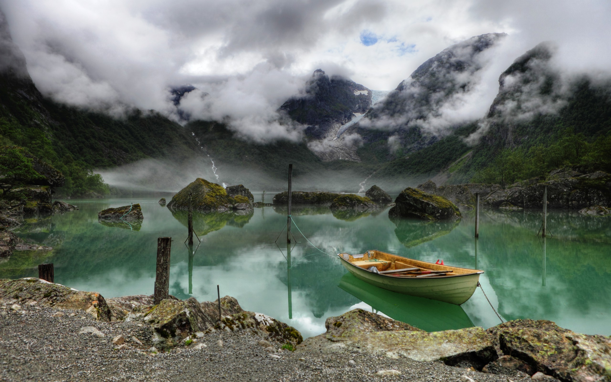 nature, Landscape, Lake, Boat, Mountain, Clouds Wallpaper