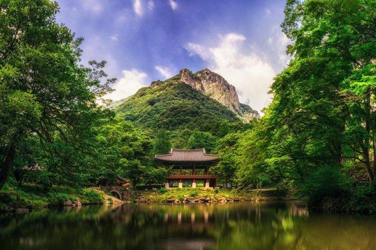 nature, Landscape, Mountain, Trees, Forest, House, Lake, South Korea, Clouds, Reflection, Bridge HD Wallpaper Desktop Background