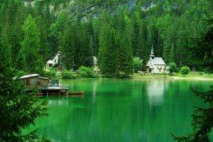 nature, Landscape, Mountain, Trees, Forest, House, Lake, Italy, Church, Rock, Boat, Reflection, Green