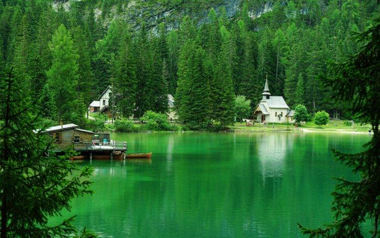nature, Landscape, Mountain, Trees, Forest, House, Lake, Italy, Church, Rock, Boat, Reflection, Green HD Wallpaper Desktop Background