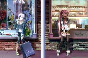 anime, Anime Girls, Original Characters, Pink Hair, Ponytail, Long Hair, Blue Eyes, Thigh highs, Purple Hair, Purple Eyes