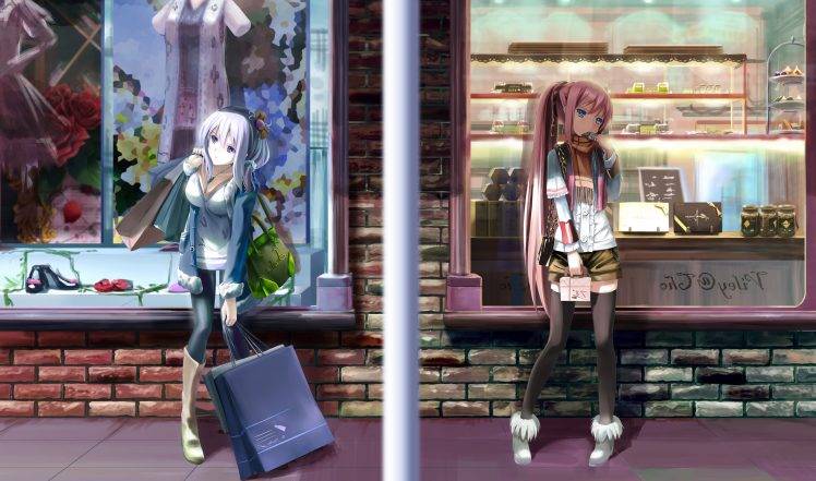 anime, Anime Girls, Original Characters, Pink Hair, Ponytail, Long Hair, Blue Eyes, Thigh highs, Purple Hair, Purple Eyes HD Wallpaper Desktop Background