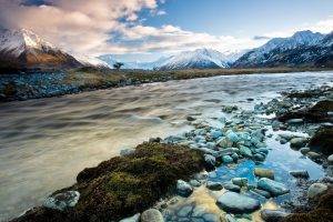 nature, Landscape, New Zealand, Mountain, Clouds, Hill, Trees, Water, River, Snow, Rock, Long Exposure