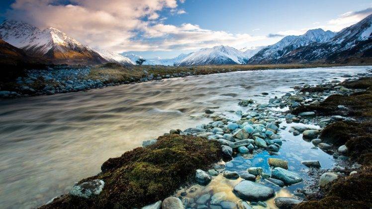 nature, Landscape, New Zealand, Mountain, Clouds, Hill, Trees, Water, River, Snow, Rock, Long Exposure HD Wallpaper Desktop Background