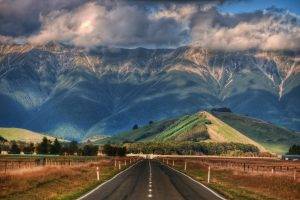 nature, Landscape, New Zealand, Mountain, Clouds, Hill, Trees, Road, Fence, Shadow, HDR